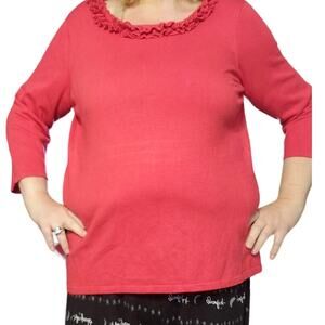 Susan Graver Size XL Ruffle Neck Pink 3/4 Sleeve Sweater FLAW